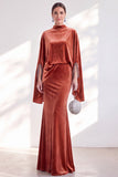 Coffee Mermaid Velvet Maxi Dress with Cape Sleeves