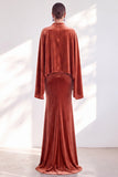 Coffee Mermaid Velvet Maxi Dress with Cape Sleeves