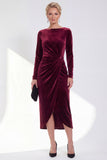 Dark Green Bateau Neck Velvet Midi Mother of the Bride Dress with Long Sleeves