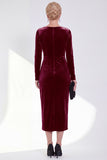 Dark Green Bateau Neck Velvet Midi Mother of the Bride Dress with Long Sleeves