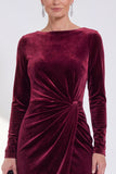 Dark Green Bateau Neck Velvet Midi Mother of the Bride Dress with Long Sleeves