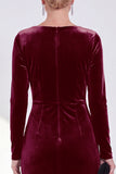 Dark Green Bateau Neck Velvet Midi Mother of the Bride Dress with Long Sleeves