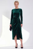 Dark Green Bateau Neck Velvet Midi Mother of the Bride Dress with Long Sleeves