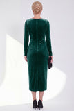 Dark Green Bateau Neck Velvet Midi Mother of the Bride Dress with Long Sleeves
