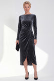 Dark Green Bateau Neck Velvet Midi Mother of the Bride Dress with Long Sleeves