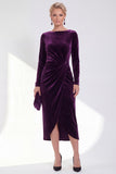 Dark Green Bateau Neck Velvet Midi Mother of the Bride Dress with Long Sleeves
