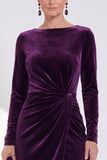 Dark Green Bateau Neck Velvet Midi Mother of the Bride Dress with Long Sleeves