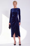 Dark Green Bateau Neck Velvet Midi Mother of the Bride Dress with Long Sleeves
