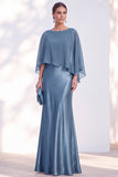Blue Satin Mermaid Bateau Neck Mother of the Bride Dress with Cape