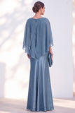Blue Satin Mermaid Bateau Neck Mother of the Bride Dress with Cape
