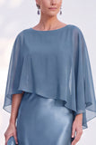 Blue Satin Mermaid Bateau Neck Mother of the Bride Dress with Cape