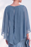 Blue Satin Mermaid Bateau Neck Mother of the Bride Dress with Cape