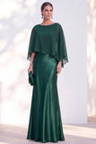 Blue Satin Mermaid Bateau Neck Mother of the Bride Dress with Cape