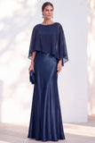 Blue Satin Mermaid Bateau Neck Mother of the Bride Dress with Cape