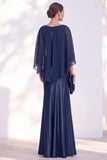 Blue Satin Mermaid Bateau Neck Mother of the Bride Dress with Cape