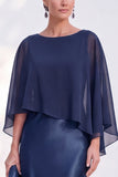 Blue Satin Mermaid Bateau Neck Mother of the Bride Dress with Cape