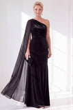 One Shoulder Velvet Sheath Black Maxi Dress with Cape Sleeve
