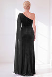 One Shoulder Velvet Sheath Black Maxi Dress with Cape Sleeve