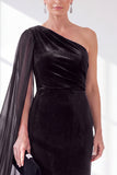 One Shoulder Velvet Sheath Black Maxi Dress with Cape Sleeve
