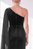 One Shoulder Velvet Sheath Black Maxi Dress with Cape Sleeve