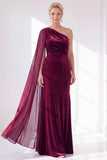 One Shoulder Velvet Sheath Black Maxi Dress with Cape Sleeve