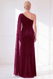 One Shoulder Velvet Sheath Black Maxi Dress with Cape Sleeve