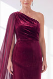 One Shoulder Velvet Sheath Black Maxi Dress with Cape Sleeve