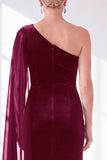 One Shoulder Velvet Sheath Black Maxi Dress with Cape Sleeve