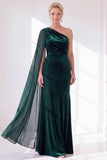 One Shoulder Velvet Sheath Black Maxi Dress with Cape Sleeve