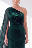 One Shoulder Velvet Sheath Black Maxi Dress with Cape Sleeve