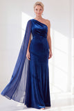 One Shoulder Velvet Sheath Black Maxi Dress with Cape Sleeve