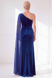 One Shoulder Velvet Sheath Black Maxi Dress with Cape Sleeve