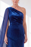 One Shoulder Velvet Sheath Black Maxi Dress with Cape Sleeve
