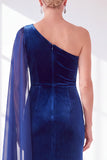 One Shoulder Velvet Sheath Black Maxi Dress with Cape Sleeve