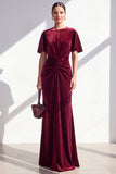Velvet Ruched Burgundy Maxi Dress with Short Sleeves