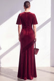 Velvet Ruched Burgundy Maxi Dress with Short Sleeves