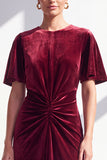 Velvet Ruched Burgundy Maxi Dress with Short Sleeves