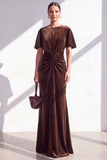 Velvet Ruched Burgundy Maxi Dress with Short Sleeves