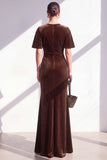 Velvet Ruched Burgundy Maxi Dress with Short Sleeves