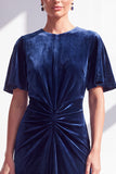 Velvet Ruched Burgundy Maxi Dress with Short Sleeves