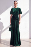 Velvet Ruched Burgundy Maxi Dress with Short Sleeves