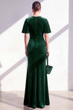 Velvet Ruched Burgundy Maxi Dress with Short Sleeves