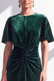 Velvet Ruched Burgundy Maxi Dress with Short Sleeves