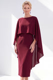 Navy Sheath Bateau Neck Midi Mother of the Bride Dress with Cape