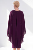 Navy Sheath Bateau Neck Midi Mother of the Bride Dress with Cape