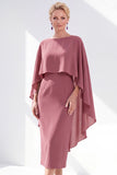 Navy Sheath Bateau Neck Midi Mother of the Bride Dress with Cape