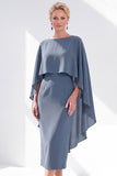 Navy Sheath Bateau Neck Midi Mother of the Bride Dress with Cape
