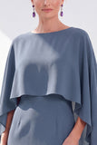 Navy Sheath Bateau Neck Midi Mother of the Bride Dress with Cape