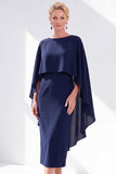 Navy Sheath Bateau Neck Midi Mother of the Bride Dress with Cape