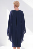 Navy Sheath Bateau Neck Midi Mother of the Bride Dress with Cape